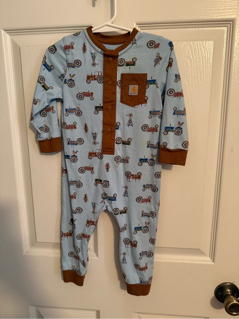 Carhartt Light Blue and Brown Tractor Print Footie